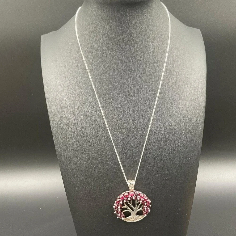 Sterling‎ Silver Garnet Tree Of Life Pendant Necklace 19